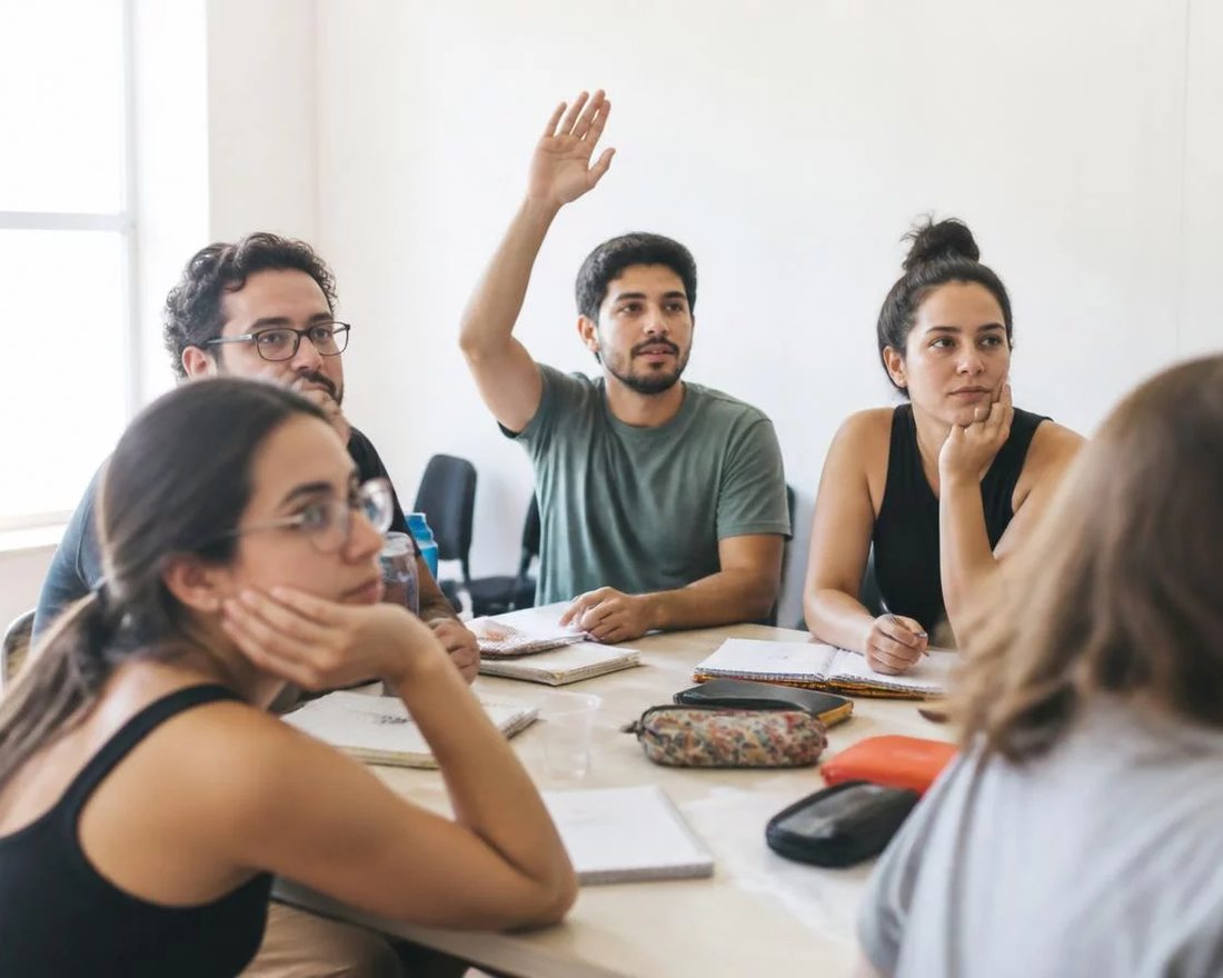 Roda de participantes; um deles repete em voz alta o argumento do colega antes de apresentar a réplica